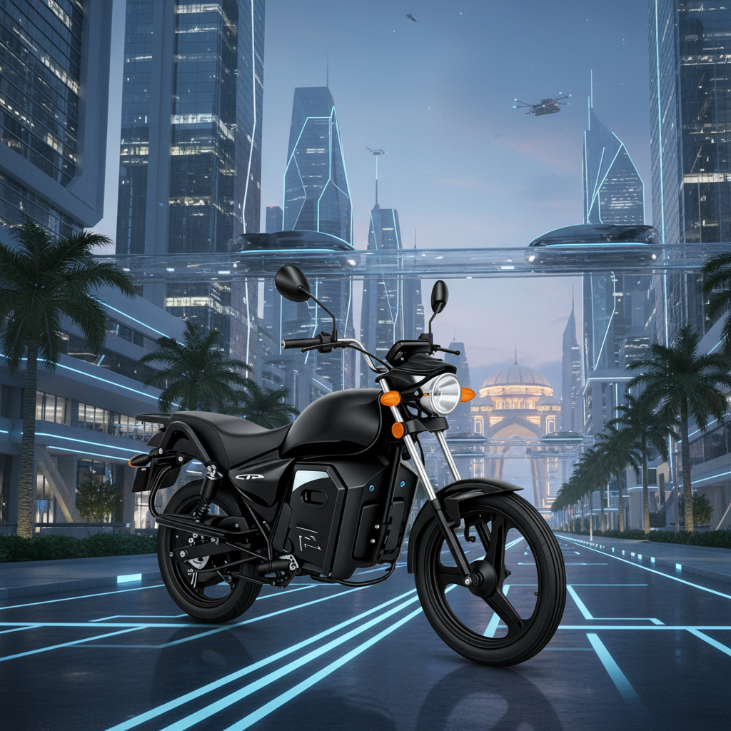1 Moto électrique moderne sur une rue futuriste d’une ville pakistanaise