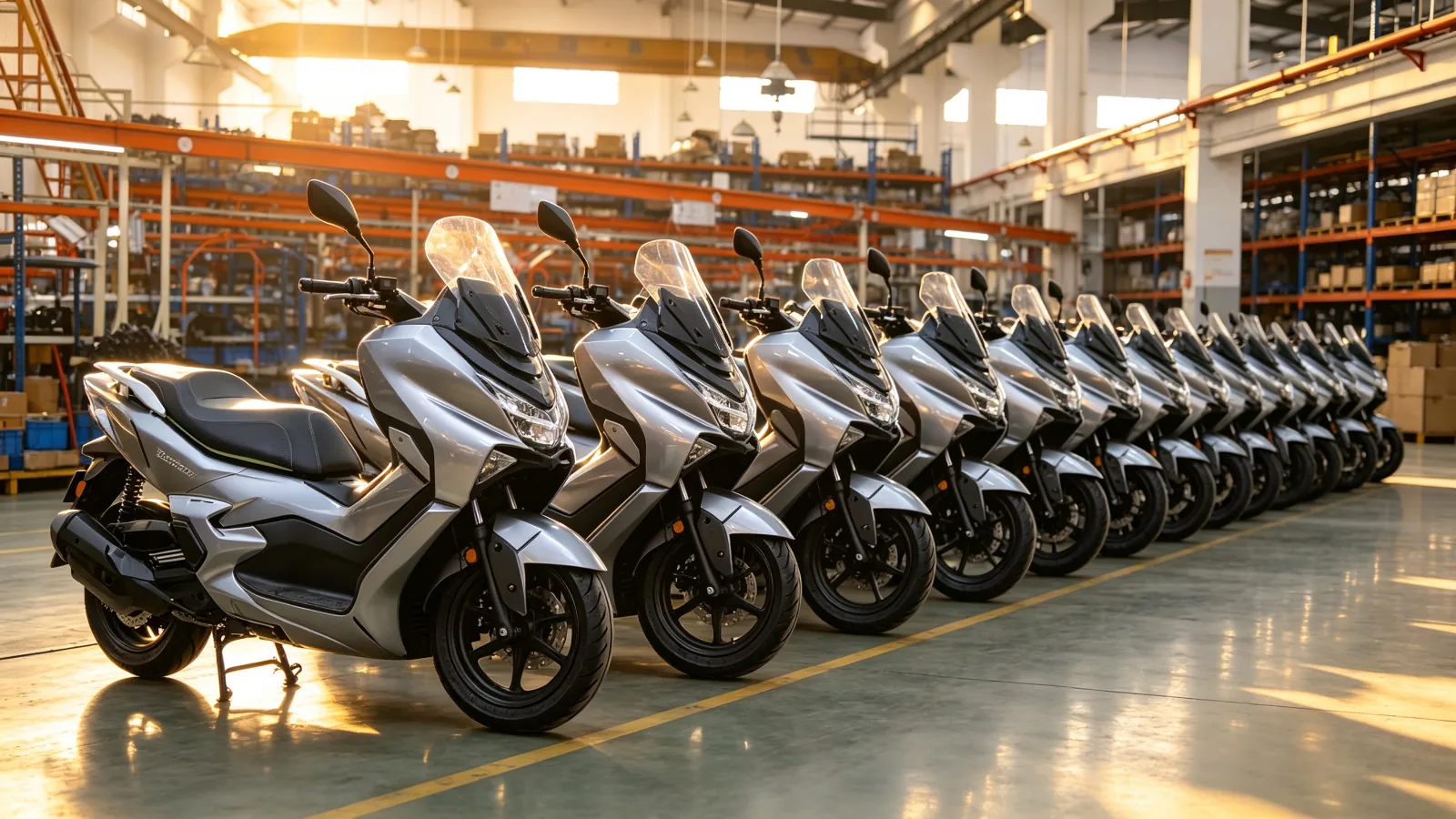 Row of electric scooters ready for shipping
